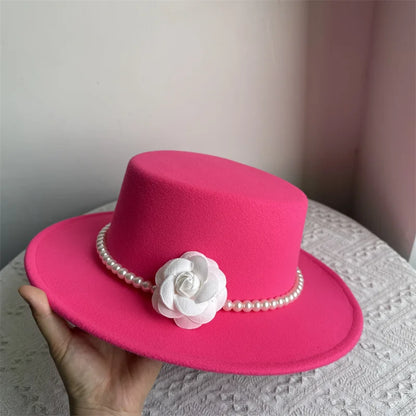 French Black Big Brim Top Hat Women Elegant Retro Style Flat-top Fedora Hat British Pearl Floral Wide Brim Hat Photography