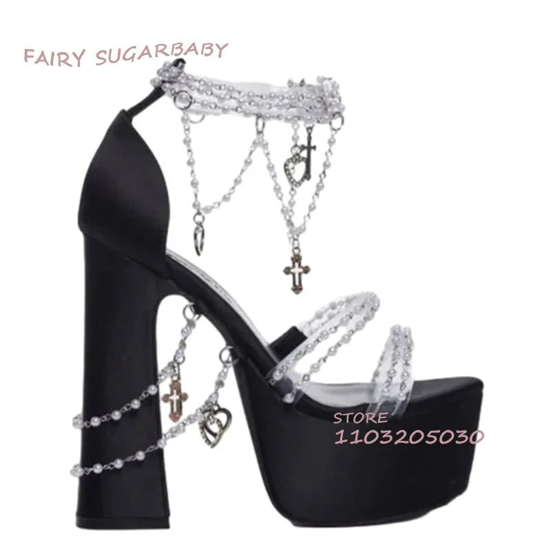 Lake Blue Suede Tassel Crystal Heels Girl Open Platform Pink Pvc Buckle Light Fringe Buckle String Pearls Shiny Dress Party Shoe