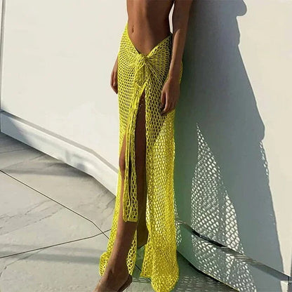 BWQ New Arrival Women Knitting Crochet Hollow Out Cover Up Solid Color Beach Dress Sexy Wrap Skirt Binding Rope Beach Wear