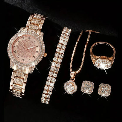 Fashionable and luxurious diamond-studded ladies' watches with five pieces of jewelry for a chic and stylish look.