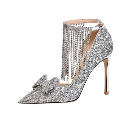 Simple Temperament Woman Shoes 2025 Summer New Pointed Rhinestone High Heels Fashion Versatile Women's Bow Wedding Shoes Zapatos