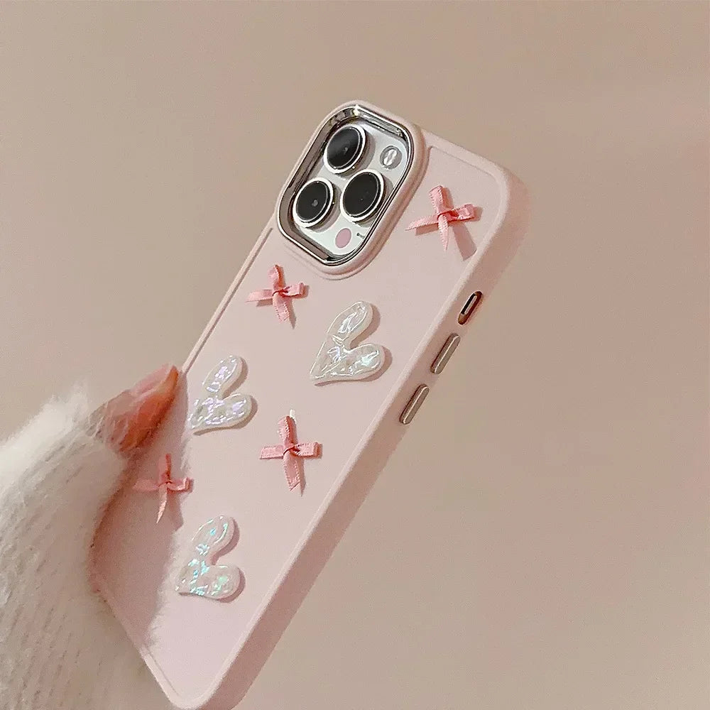 3D Pink Love Heart Bow Phone Case for IPhone17 16 15 14 12 13 11 Pro ProMax Mini Plus X XR Shockproof Phone Cover