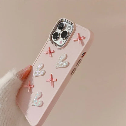 3D Pink Love Heart Bow Phone Case for IPhone17 16 15 14 12 13 11 Pro ProMax Mini Plus X XR Shockproof Phone Cover