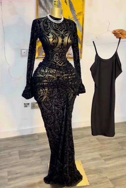 CM.YAYA Women Long Sleeve Stacked Mesh See Though with Lining Bodycon Long Dress 2025 Autumn Evening Birthday Sexy Party Dresses