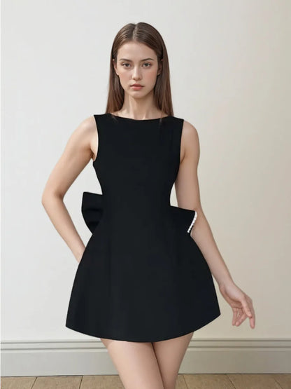 Elegant Pearl Bow Backless Sexy Mini Dress Women's Luxury Party Short Dresses White Black Pink Birthday Evening Wedding P4ZQ