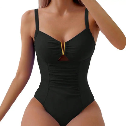 Women One-Piece Swimsuit Summer Quick-Drying Swimwear Deep V-Neck Pleated Solid Color Monokini Beachwear