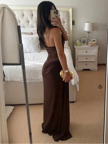 Mozision One Shoulder Lace See Through Sexy Maxi Dress Women Gown Fashion Off-shoulder Sleeveless Backless Club Long Dresses