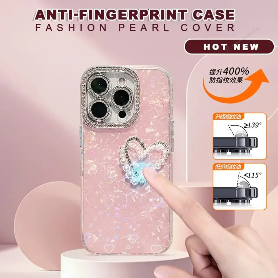 Bling Glitter Heart 3D Phone Case for iPhone 13 15 16 12 14 11 Pro Max Plus 16Pro Max Case Diamond Chain Pearl Protector Cover