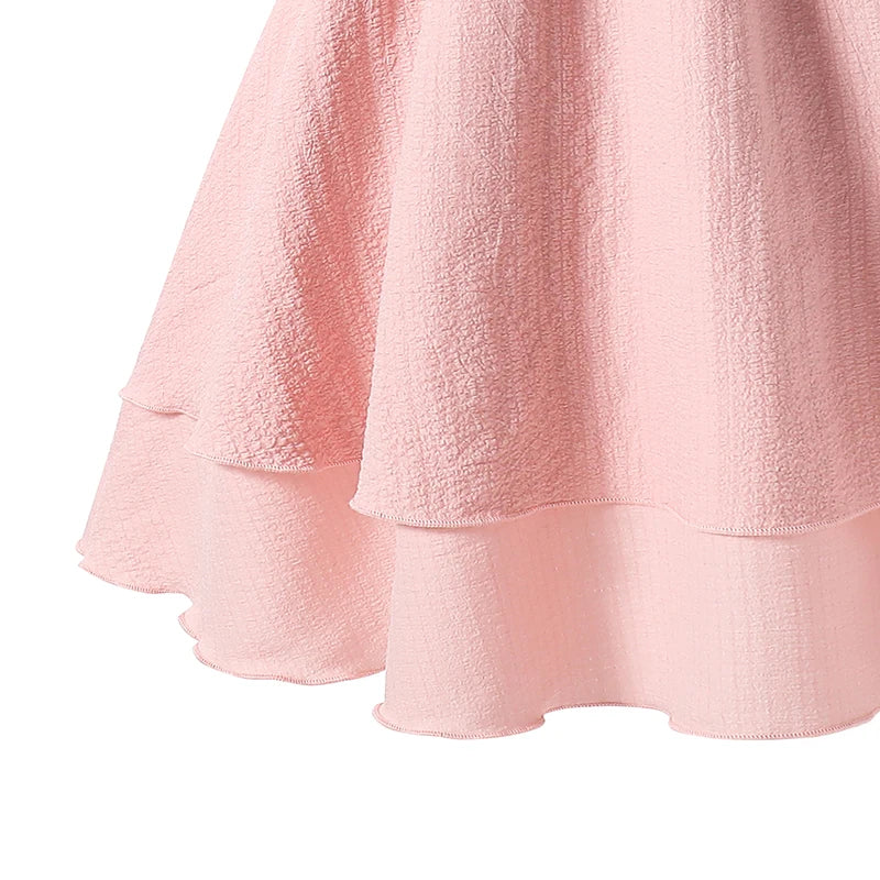 Kids Set Solid Pink Tiered Sling Princess Dress Sweet Style Tween Girls Dress Birthday Party Dating Clothes