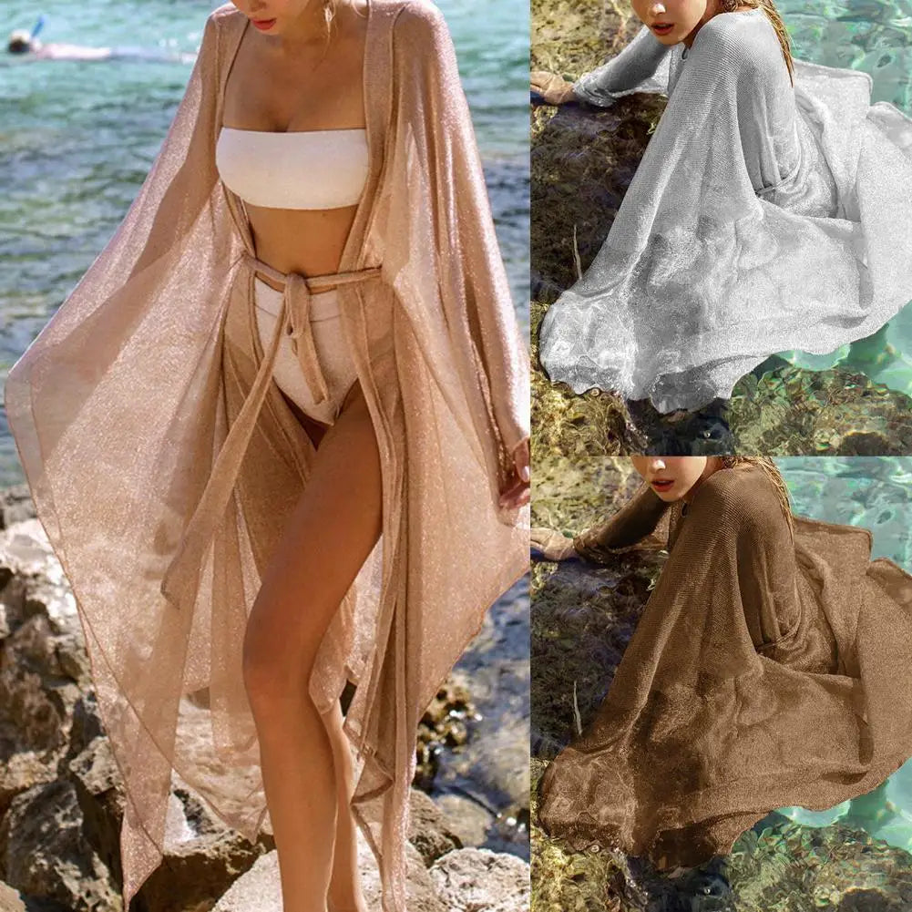 Breathable  Stylish Shine Mesh Sexy Bikini Cover Up Women Swimwear Coat Loose   for Beach