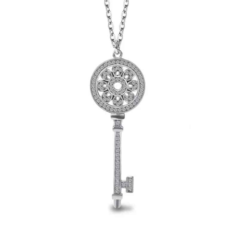 Golden Snowflake Key Pendant Necklace Female Hollow Clover Diamond Set Chain Sweater Chain