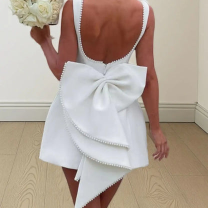 Elegant Pearl Bow Backless Sexy Mini Dress Women's Luxury Party Short Dresses White Black Pink Birthday Evening Wedding P4ZQ