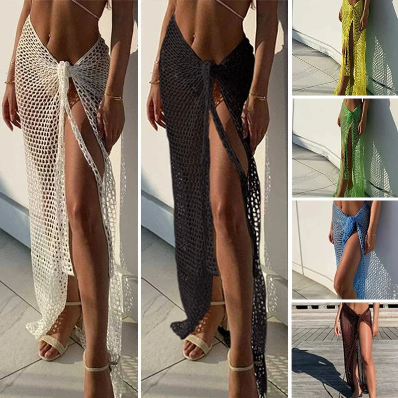 BWQ New Arrival Women Knitting Crochet Hollow Out Cover Up Solid Color Beach Dress Sexy Wrap Skirt Binding Rope Beach Wear