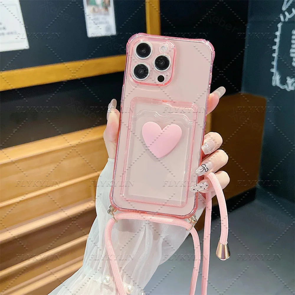 Crossbody Necklace Strap Cord Love Heart Card Holder Wallet Case For POCO X7 X6 X5 Pro X3 Xiaomi 14T 13T 12T 11 Lite Clear Cover