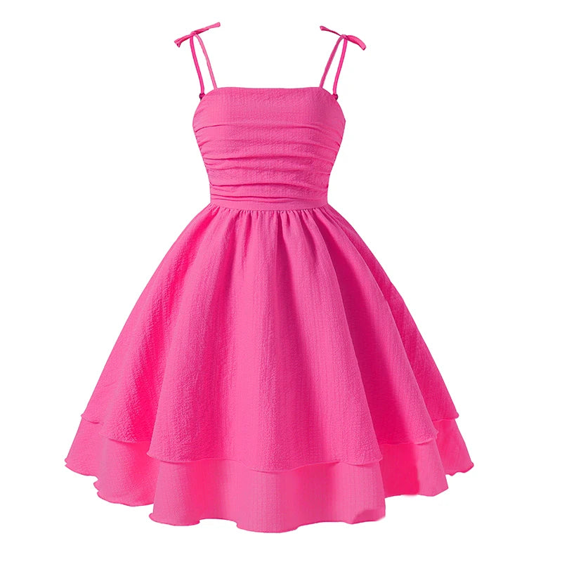 Kids Set Solid Pink Tiered Sling Princess Dress Sweet Style Tween Girls Dress Birthday Party Dating Clothes