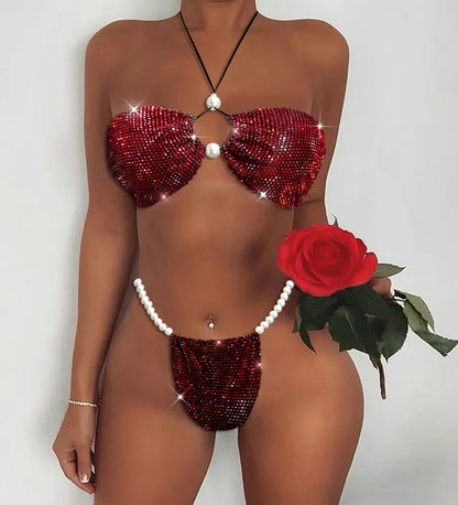 Sparkling Rhinestone Triangle Bikini Set Sexy Pearl Diamond Mesh Swimsuit Hollow Out Halter Bandage Women Swimwear Bathing Suit