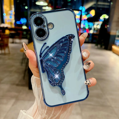 Glitter Butterfly Holder Phone Case for IPhone 7 8 16 15 14 Plus Pro MAx 12 13 Mini Side Pattern Drop Resistant PC Plating Case