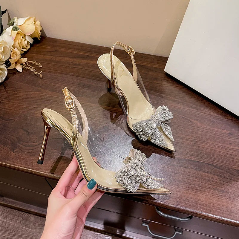 New Luxury Pointed Crystal Fairy Ladies Wind Sandals Rhinestone Butterfly-knot Transparent High Heel Women Sandals Fashion Shoes