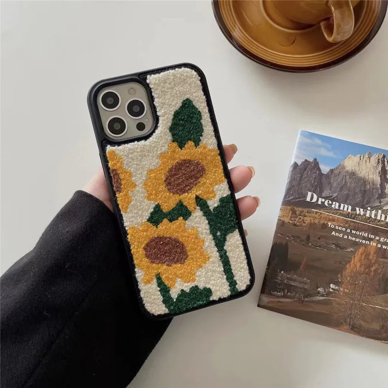 Fuzzy Cactus Embroidery Case for IPhone 16 Pro Max/15 14/13/XS/12/11 Sunflower Plush Shockproof Cover Unique Style for Men Women