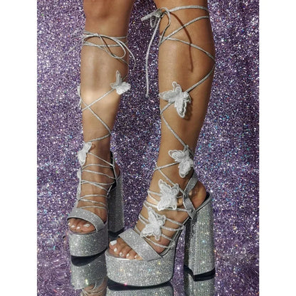 Silver Bling Bling Sandals Hot Fashion Women Shoes High Platform Sandalias De Mujeres Lace Up High Heels Butterfly Zapatos