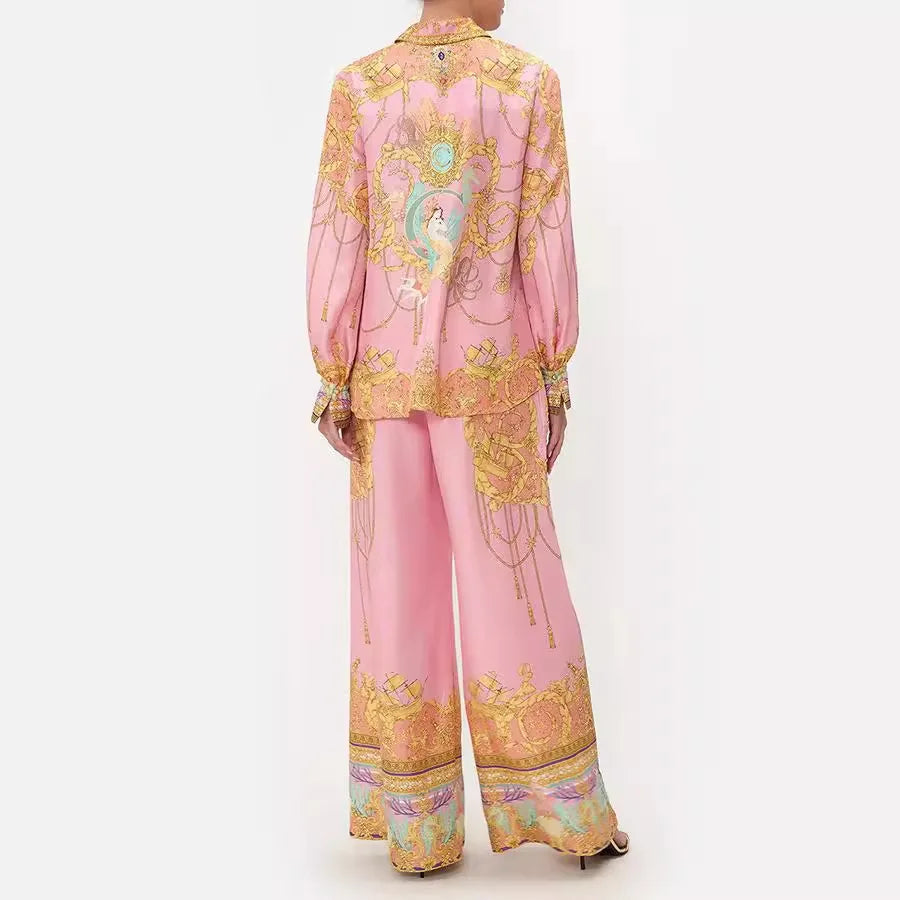 Swimsuit Cover Up Beach Women Dress Summer 2025 Kaftan Saida De Praia New Leisure Vacation Long Sleeved Pink Printed Shirt Pants