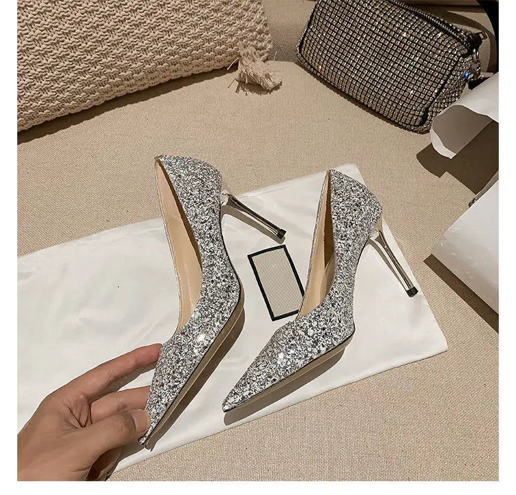 2022 Fashion Spring New Autumn Woman 9CM/7CM High Heels Silver Wedding Shoes Stiletto Pointed Toe Slip-on PU Bling Luxury Ladies