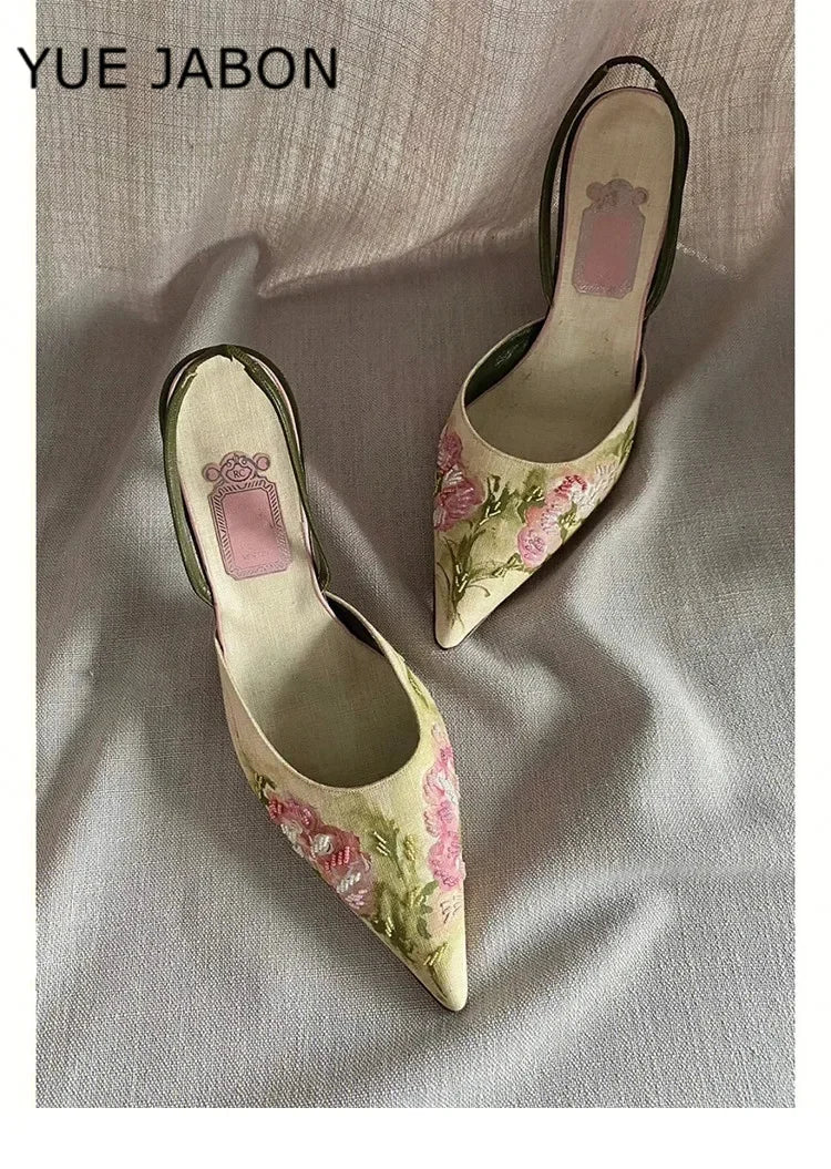 Flowers Embroidered Stiletto Heel Sandals Women Elegant High Heels Slingback Sandals China Embroider Pointed Toe Pumps Women