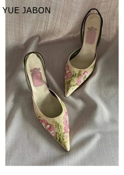 Flowers Embroidered Stiletto Heel Sandals Women Elegant High Heels Slingback Sandals China Embroider Pointed Toe Pumps Women