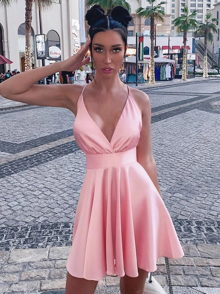 Cryptographic Satin Sexy Backless Sleeveless Party Night Club Wrap Mini Dresses Spaghetti Straps Elegant Dress Solid Vestidos.