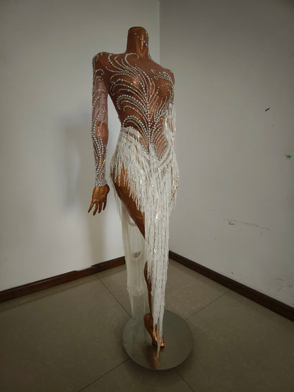 Sparkly Rhinestone Sequins Tassel Sexy Mesh See Through Dress Women Evening Birthday Party Nightclub Dance Singer Stage Outfit