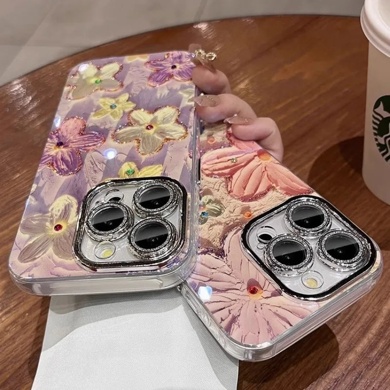 Luxury Flowers Glitter Laser Phone Case For iPhone 16 Pro Max 15 14 Plus 13 12 11 Soft Shockproof Protection Cover Phone Cases