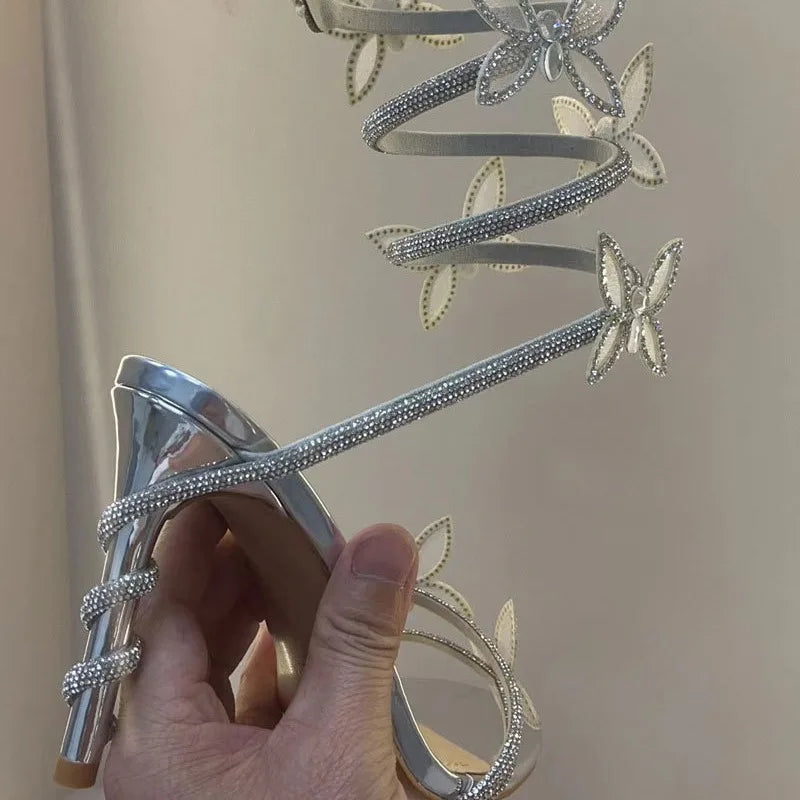 2025 Sexy CRYSTAL Flower Thin High Heels Women Sandals Street Style Narrow Band Ankle Strap Pole Dancing Ladies Shoes