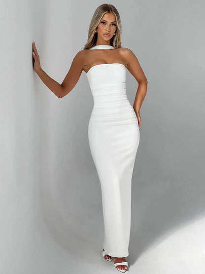 Hugcitar Elegant Scarf Strapless Solid Mesh Gloves Sexy Bodycon Maxi Prom Dress Women Fashion Y2K Outfits Wedding Party Birthday