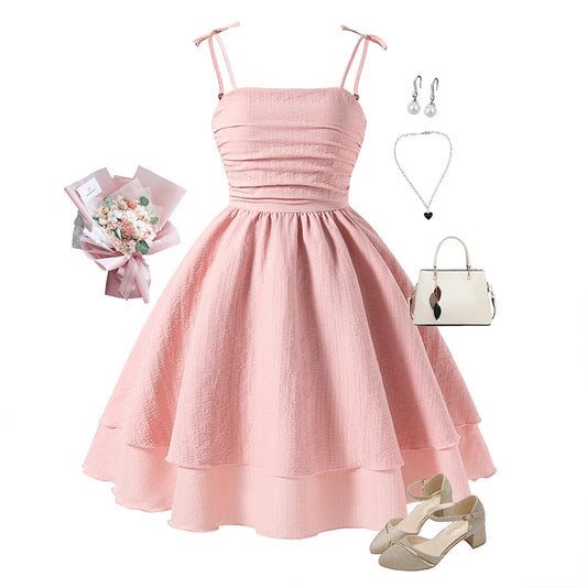 Kids Set Solid Pink Tiered Sling Princess Dress Sweet Style Tween Girls Dress Birthday Party Dating Clothes.