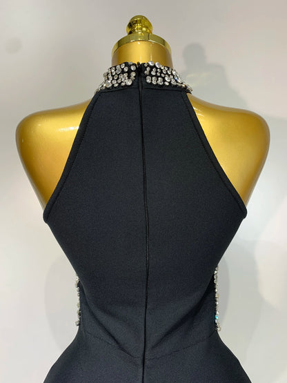 Women Sexy Rhinestone Black Sleeveless Mesh Patchwork New Arrival Stretch Bodycon Bandage Party Dresses Elegant Birthday Dress