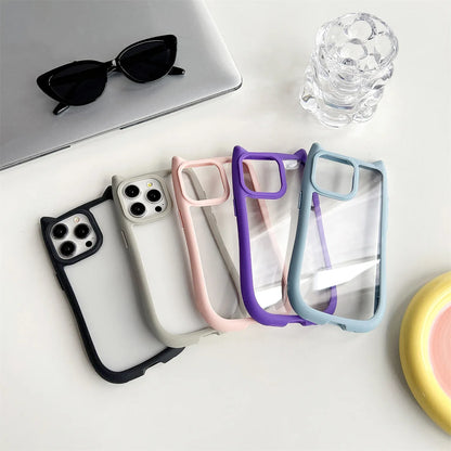 Cute 3D Cat Ear Kawaii Transparent Case For iPhone 15 14 13 12 Pro 11 Max Candy Color Shockproof Acrylic Clear Hard Cover