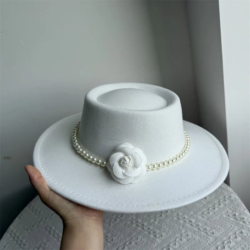 French Black Big Brim Top Hat Women Elegant Retro Style Flat-top Fedora Hat British Pearl Floral Wide Brim Hat Photography