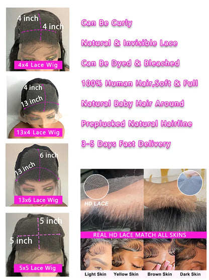 30 40 Inch 13x4 13x6 Straight Lace Frontal Wigs 360 Front Human Hair 4x4 5X5 Closure Wig Pre Plucked For Women 250 Density