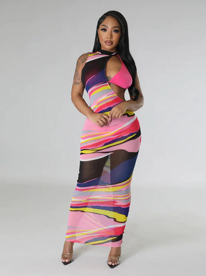 Weird Puss Summer Swimsuit Woman Outfits Sexy Solid Bikini+Mesh Print Irregular Hollow Maxi Bodycon Ladies Rave Party Beachwear