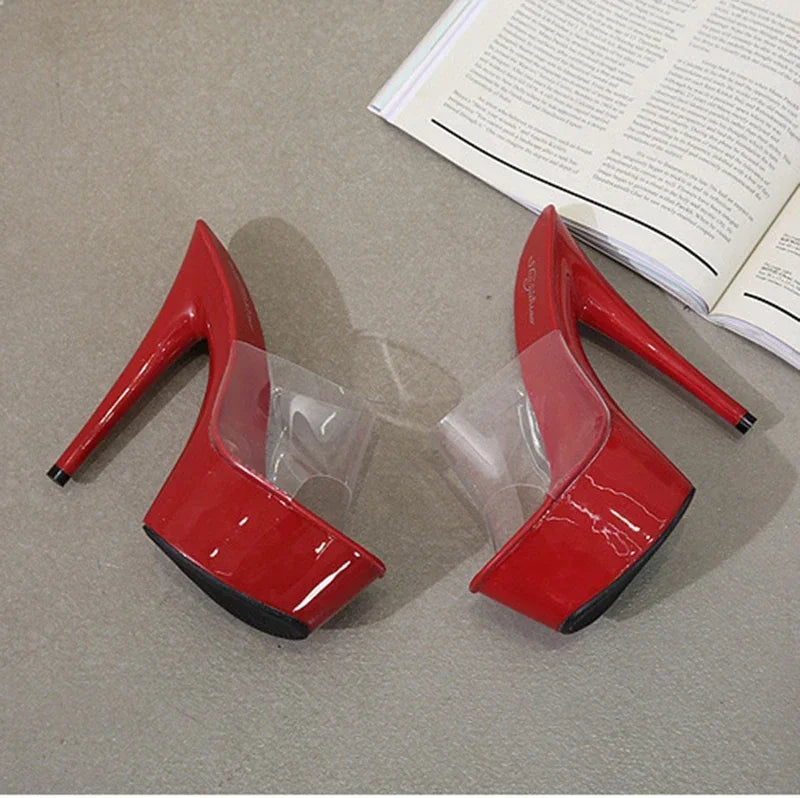 15cm Ultra-High-Heel Platform Roman Fish Head Sandals for Women | Sexy Autumn Nightclub Party Red High Heels LFD