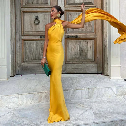 Elegant Women's Ribbon Long Satin Party Dress Halter Backless Sleeveless Female Dresses 2025 Summer Lady Solid Evening Gowns