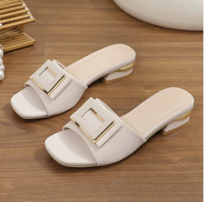 Fashion Women High Heel Slippers Summer Slip on Elegant Low Heel Shoes for Wedding Party Comfortable Non-slip Women's Slippers