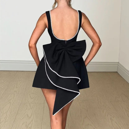 Elegant Pearl Bow Backless Sexy Mini Dress Women's Luxury Party Short Dresses White Black Pink Birthday Evening Wedding P4ZQ