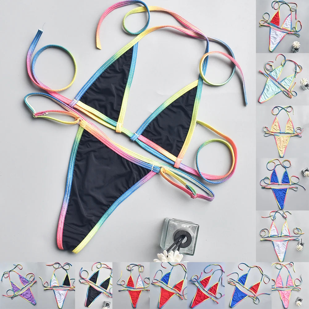 Women Bikini Sexy Three Point MultiColor Thin Straps Lace Up See Through Bikini Top + Panties Brazilian Biquinis