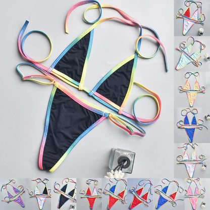 Women Bikini Sexy Three Point MultiColor Thin Straps Lace Up See Through Bikini Top + Panties Brazilian Biquinis