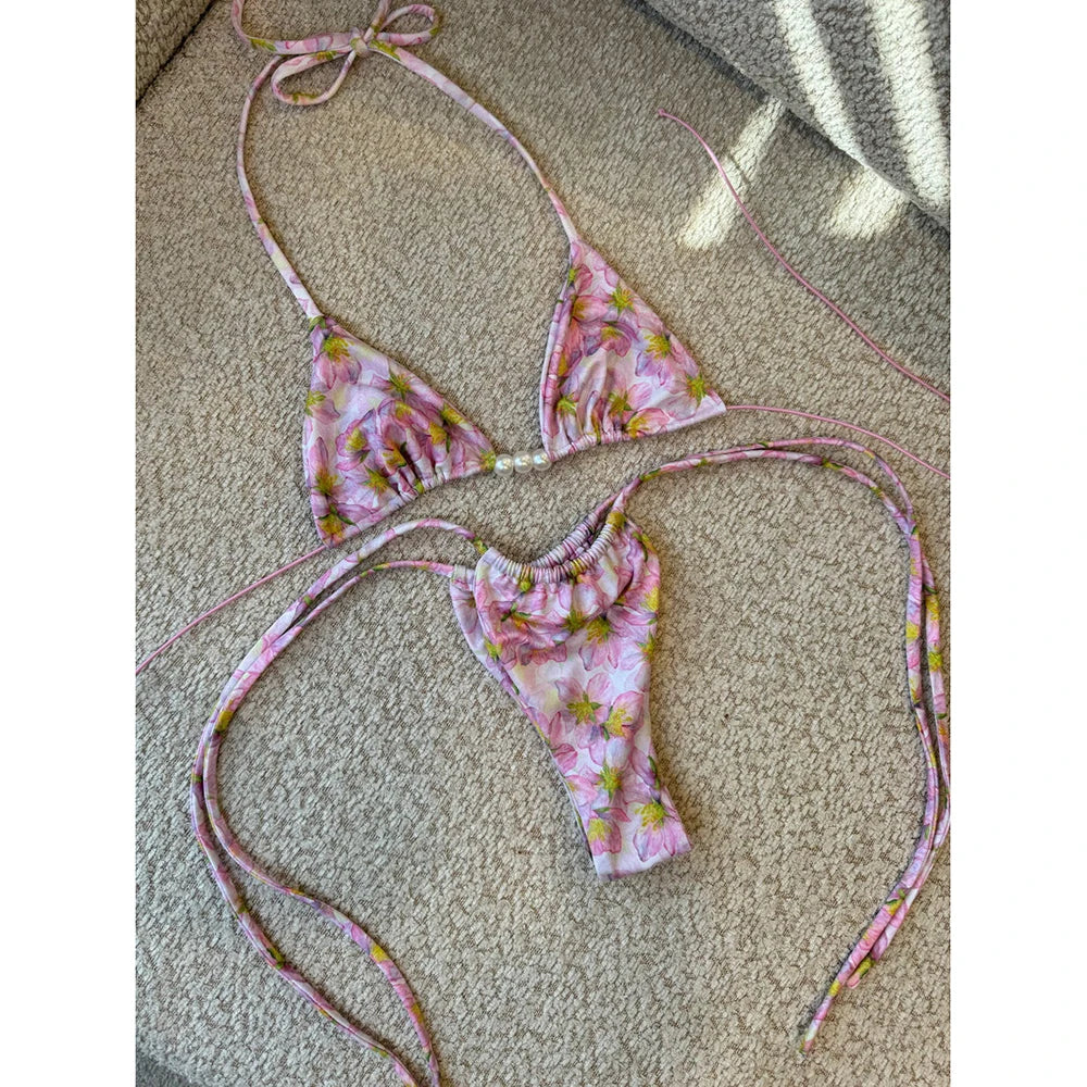 Micro Bikini 2025 Swimwear Women Swimsuit Sexy luxury Brazilian Bikini Set Halter Print Biquini Push Up Pearl Beachwear Female