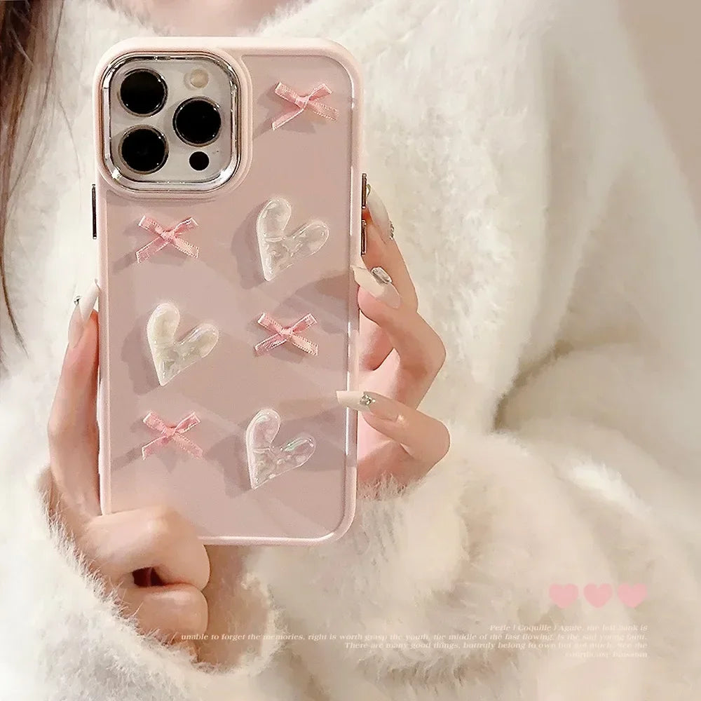 3D Pink Love Heart Bow Phone Case for IPhone17 16 15 14 12 13 11 Pro ProMax Mini Plus X XR Shockproof Phone Cover