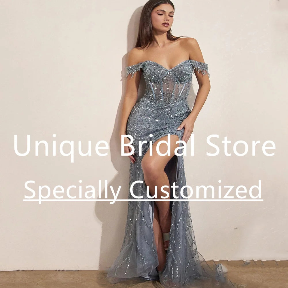 Customized Exquisite Prom Dresses Off The Shoulder Sleeveless Sexy V-neck Open Back Split Skirt Women New Fashion Evening Party