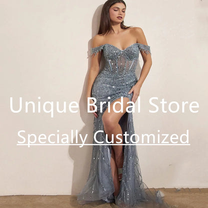 Customized Exquisite Prom Dresses Off The Shoulder Sleeveless Sexy V-neck Open Back Split Skirt Women New Fashion Evening Party