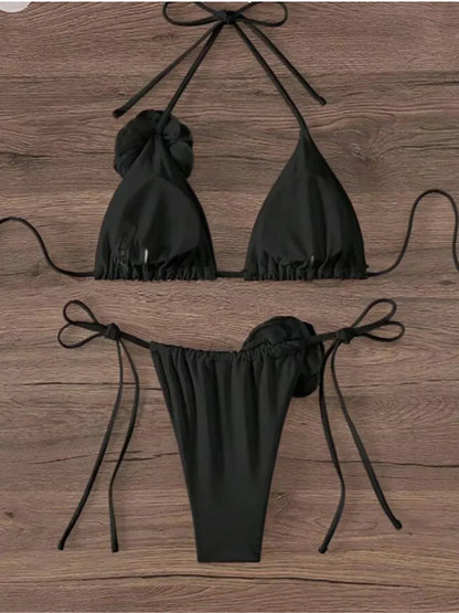 S - XL Sexy 3D Flowers Halter Strappy Bikini Women Swimwear Female Swimsuit Two-pieces Bikini set Bather Bathing Suit Swim